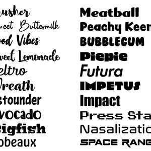May include: A black and white image with two columns of text. The left column features the words "Brusher", "Sweet Buttermilk", "Good Vibes", "Sweet Lemonade", "Feltro", "Wreath", "Astounder", "Avocado", "Bigfish", and "Hobeaux". The right column features the words "Meatball", "Peachy Keen", "BUBBLEGUM", "Piepie", "Futura", "IMPETUS", "Impact", "Press Start", "Nasalization", and "SPACE RANGER".