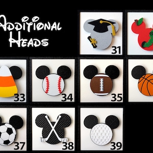 May include: A set of 9 different Mickey Mouse head designs with various sports and school themes. The designs include a graduation cap, an apple with a worm, a candy corn, a baseball, a football, a basketball, a soccer ball, hockey sticks, and a golf ball.