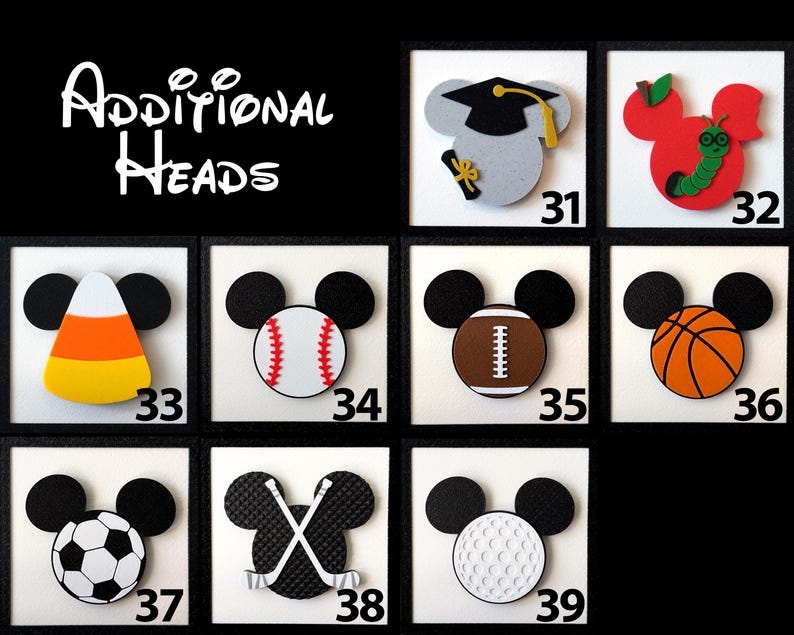 May include: A set of 9 different Mickey Mouse head designs with various sports and school themes. The designs include a graduation cap, an apple with a worm, a candy corn, a baseball, a football, a basketball, a soccer ball, hockey sticks, and a golf ball.