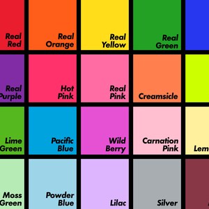May include: A color chart with 20 different color swatches, each labeled with a descriptive name. The colors include Real Red, Real Orange, Real Yellow, Real Green, Real Blue, Real Purple, Hot Pink, Real Pink, Creamsicle, Neon Green, Lime Green, Pacific Blue, Wild Berry, Carnation Pink, Fresh Lemonade, Moss Green, Powder Blue, Lilac, Silver, and Merlot.