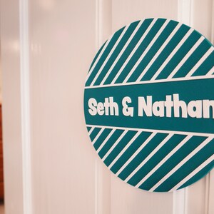 May include: Teal and white striped round sign with the text "Seth & Nathan" in white.
