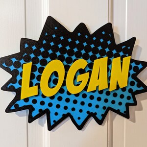 Peut inclure: Une pancarte de style bande dessin&eacute;e bleue et noire avec des pois blancs et le nom "LOGAN" en lettres jaunes.