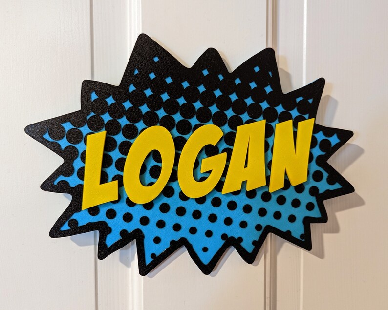Peut inclure: Une pancarte de style bande dessin&eacute;e bleue et noire avec des pois blancs et le nom "LOGAN" en lettres jaunes.