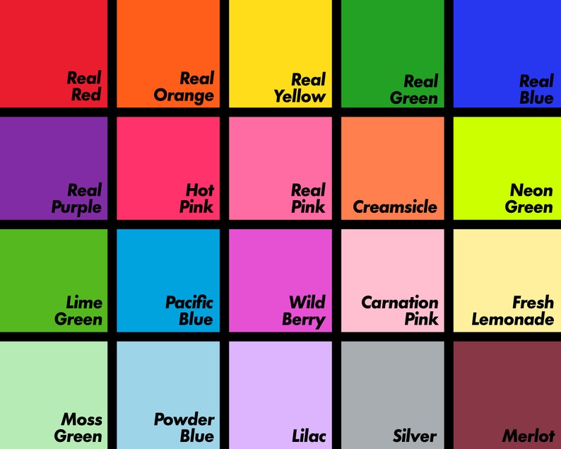 Peut inclure: Un nuancier de 20 couleurs diff&eacute;rentes, chacune &eacute;tiquet&eacute;e avec un nom descriptif. Les couleurs incluent Rouge V&eacute;ritable, Orange V&eacute;ritable, Jaune V&eacute;ritable, Vert V&eacute;ritable, Bleu V&eacute;ritable, Violet V&eacute;ritable, Rose Chaud, Rose V&eacute;ritable, Cr&egrave;me Glac&eacute;e, Vert N&eacute;o, Vert Lime, Bleu Pacifique, Baie Sauvage, Rose &OElig;illet, Limonade Fra&icirc;che, Vert Mousse, Bleu Poudre, Lilas, Argent, et Merlot.