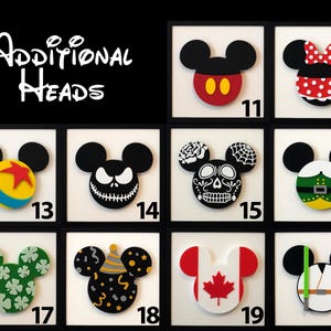 May include: A set of 10 different Mickey Mouse head designs, each with a unique theme. The designs include Mickey Mouse, Minnie Mouse, Toy Story, Nightmare Before Christmas, Day of the Dead, Peter Pan, St. Patrick's Day, Birthday, Canada, and Star Wars. Each design is numbered 11 through 20.