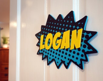 Personalized Comic Book Door Sign: Superhero Kids Room Decor