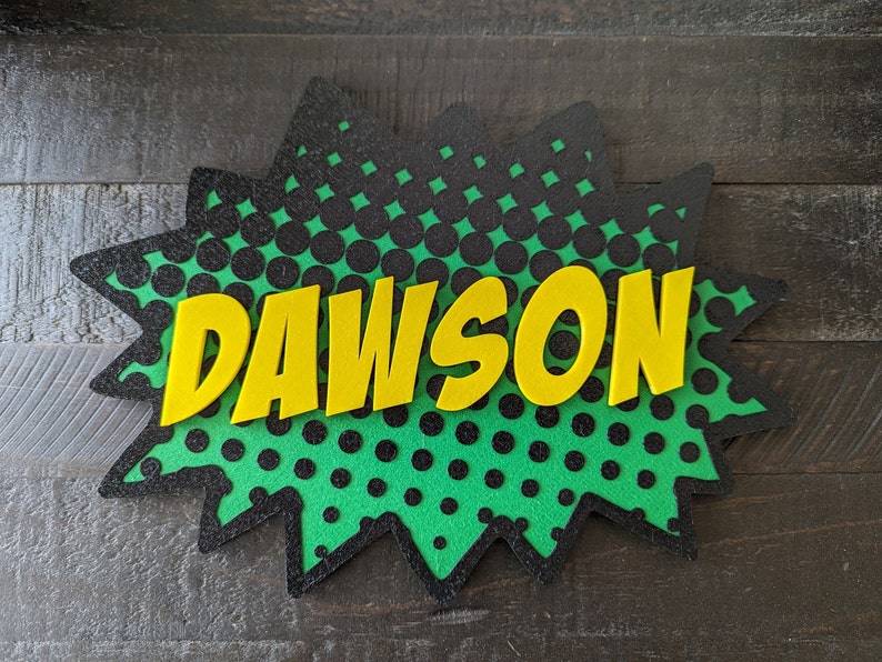 Peut inclure: Une bulle de dialogue de style bande dessin&eacute;e verte et noire avec le nom Dawson en lettres jaunes.
