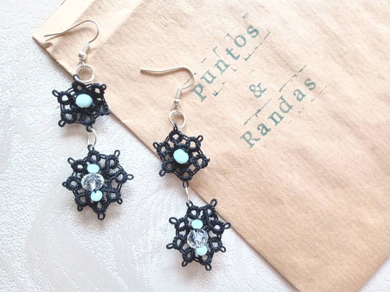 black post shabby chic and tatting earrings xmas gifts for her Christmas eve gift Ethnic Geometric and black jewels black lace