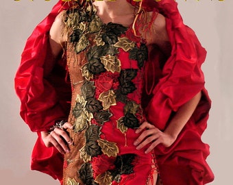 Leaf Embroidered  Net On Red Satin  Evening Dress  With Lace Up On The Sides All Of The Way Down.