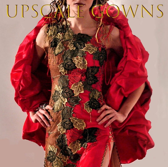 Leaf Embroidered Net on Red Satin Evening Dress With Lace up on the Sides All of the Way Down. Etsy