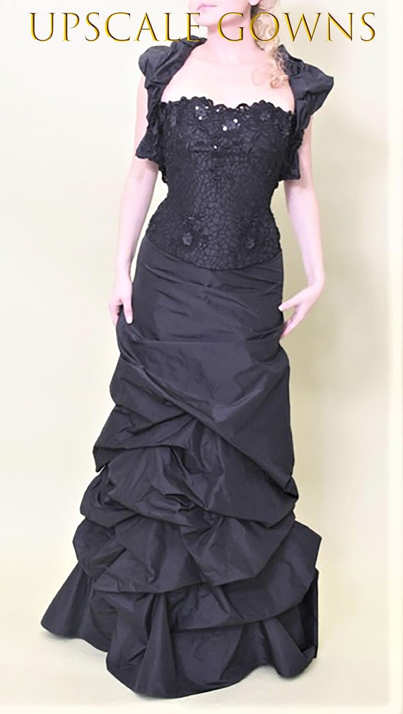 Black Formal Dress Set Stunning Taffeta with Beaded Lace Bustier , Taffeta- Lace Shrug and Hand Draped A-Line Taffeta Skirt.