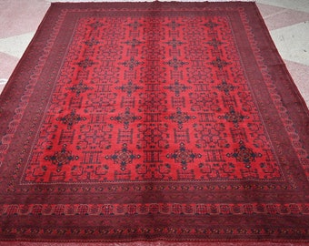 10x13, Grande tappeto fatto a mano, 13,0 x 10,0 piedi, Bellissimo tappeto afgano rosso fatto a mano 10 x 13 piedi, Tappeto turcomanno afgano, Grande tappeto, Tappeto per soggiorno