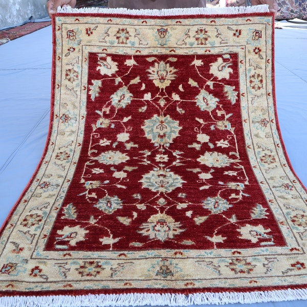 Vintage Red Beige Rug 3x4 ft, Turkmen Floral Ziegler rug/ Afghan Handmade Wool Area Rug/ Oriental Turkish Oushak Area Rug/ Rug for Kids Room