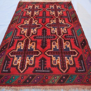3x5 ft Caucasian Antique Rug, Collectors Piece Turkmen Tribal Red Vintage Soft Pile Wool Rug, Geometric Afghan Handmade Area Rug Bedroom Rug