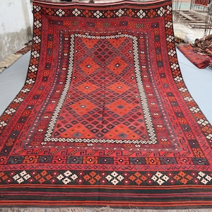 8x13 Large Vintage Kilim Area rug- Afghan Geometric Flatweave Handmade Wool Rug- Turkmen Oriental Rug- Bedroom Rug- Red Yellow Black Carpet
