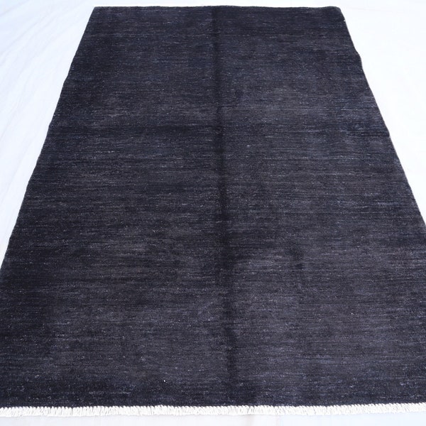 4x6 ft Plain Black Afghan Area Rug, Gabbeh High Pile Handmade Soft Wool Rug, Turkmen Oriental One Color Rug, Living Room Rug, Bedroom Carpet