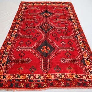 Caucasian Vintage Rug 5x8 ft, Afghan Antique Geometric Rug/ Turkmen Tribal Handmade Wool Soft Pile Distressed Faded Rug/ Oriental Red Carpet