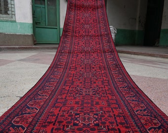 32 Ft Long Runner Rug, Best Quality Turkmen Tribal Hallway Runner, Bukhara Runner, Afghan Handmade Veg Dyes Wool, Oriental Runner,32.0 x 2.8