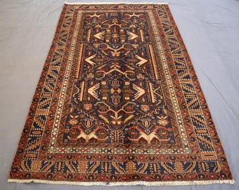 4x6 ft Antique Rug High Pile Vintage Afghan Handmade Area Rug, Turkmen Tribal Oriental Baluchi rug, Terracotta Navy Blue Genuine Wool Carpet