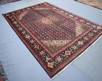 6'5x9'5 ft Vintage Rug, Afghan Handmade Wool Rug, Collectors Piece Rug, Turkish Navy Blue Heriz Rug, Turkmen Tribal Rug, Farmhouse Area Rug