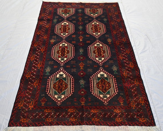 アフガニスタンアンティーク 3.9 x 5.7フィートラグ、トルクメン幾何学