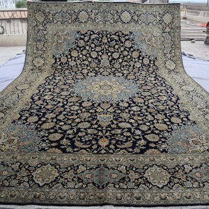 Large Afghan Rug 10x14 Ft, Handmade Area Rug, High Pile Soft Wool Rug, Turkmen Oriental Oversized Navy Blue Rug, living room Rug, Office Rug