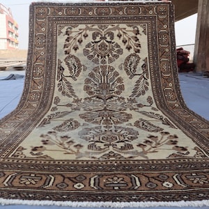 3&#39;10x6&#39;5 Ft Terracotta Antique rug Afghan Hand Knotted Low Pile Wool Rug, Tribal Caucasian Beige Rug, 1940s Antique distressed Faded Carpet