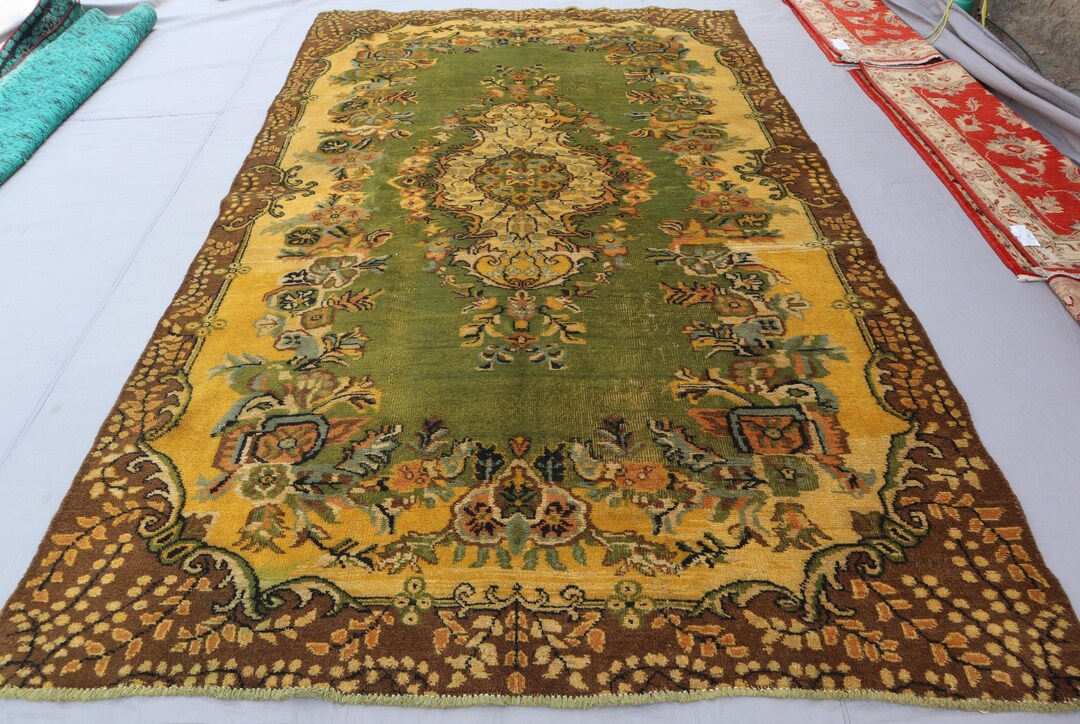 5'7x9 Ft One of a Kind Large Rug 1950s Antique Rug, Yellow Green Afghan ...
