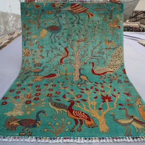 Turquoise Rug 4x6 Afghan Pictorial Rug, Handmade Fine Wool Rug, Peacocks Birds Trees Art Rug, Traditional Oriental Tribal Rug, Kids Room Rug