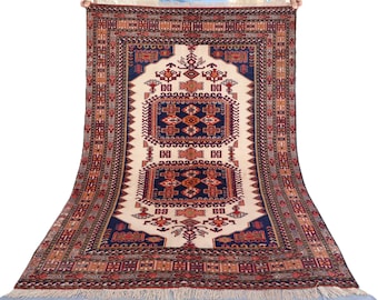 3'4x4'10 ft Antique Beige Rug, Afghan Tribal Handmade Wool Area rug, Traditional Geometric Rug, Turkmen Oriental rug, Vintage Entry Way Rug
