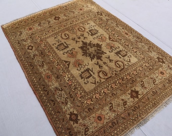 1940s Antique 3x5 ft Rug, Terracotta Turkmen Handmade Wool rug, Geometric Afghan Rug, Oriental Rug, Faded Distressed Pile Rug, Bedroom Rug