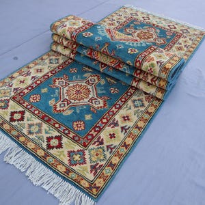 Blue 10 ft Runner rug 2&#39;6x10 Turkmen Kazak design Bukhara Rug, Tribal Afghan Handmade Wool Rug, Entryway Runner Rug, Oriental Geometric Rug