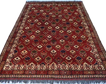 8'7x11'6 ft Vintage Bokhara Rug, Afghan Tribal Handmade High Pile Wool Area Rug, Tribal Turkmen Rug, Antique Oriental Maroon Rug for Office