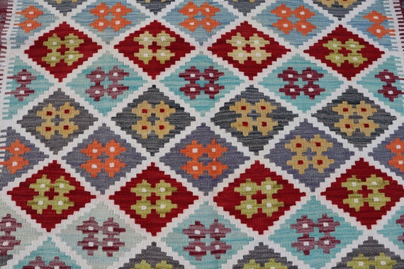 Afghan Kilim Rug 5'0x6'4 ft, Turquoise Red Hand Woven Authentic Flatweave Kilim Rug, Turkmen Natural Veg dyes, Oriental Rugs for Living room