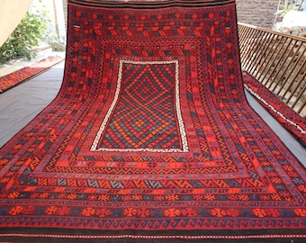 8 x 12 ft Afghaans geometrisch ghalmori-kelimtapijt, groot vintage tapijt, rood platgeweven kelimtapijt, oosters Turkmeens nomadisch tapijt, vloerkleed woonkamer