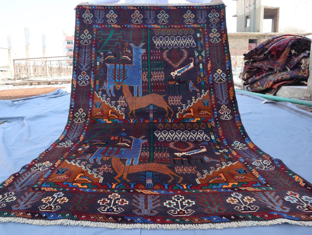 One of a Kind 4x6'5 Ft Afghan Pictorial Rug Turkmen Handmade Wool Rug ...