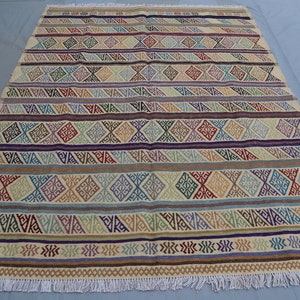 Turkmen Kilim Rug 5x7 ft- Beige Striped Flatweave Area Rug- Oriental Bukhara Rug- Afghan Handmade Wool Rug- Tribal Carpet Living Room Carpet
