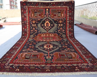 4x6 ft Afghan Vintage Rug, 100% Wool Handmade Area Rug, Ethnic Turkmen Baluchi Rug, Oriental Geometric Design Blue Rug, Bedroom, Kitchen Rug