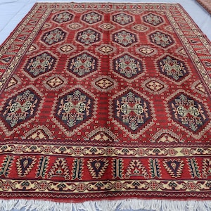 6&#39;7x9&#39;5 ft Geometric Area Rug Natural Veg dyes Afghan Hand Knotted High Pile Wool Rug, Turkmen Tribal Oriental Red Rug, Living Room Carpet