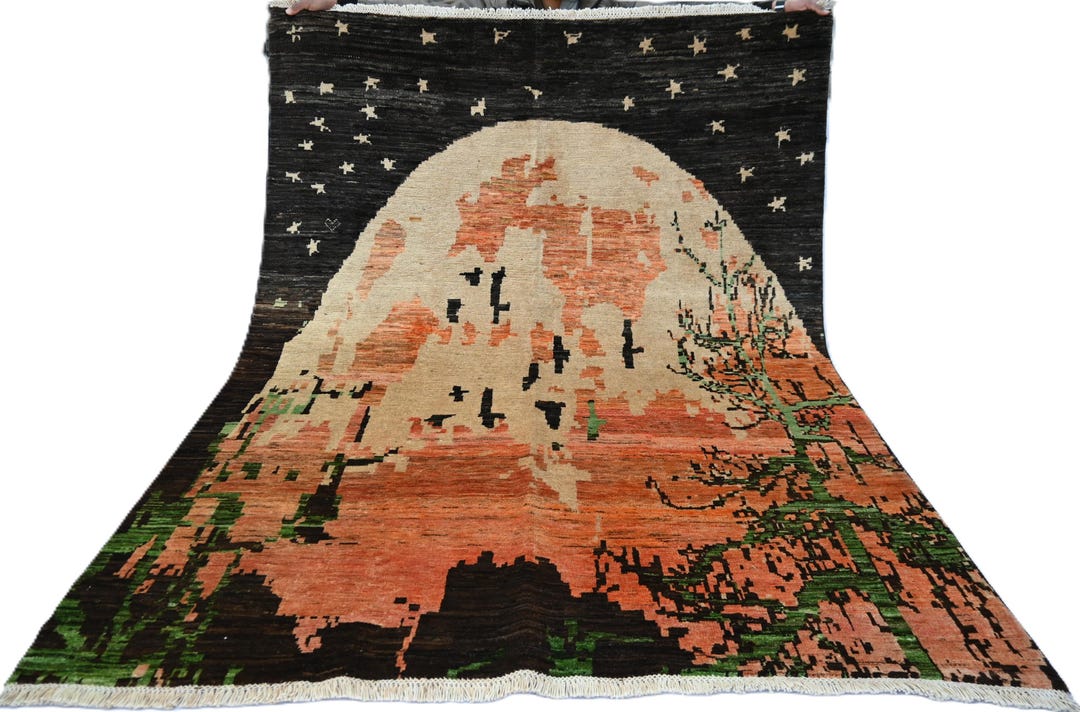 Abstract Moon Rugs 5x6'5 Ft Afghan Moon Pictorial Rug, Hand-knotted High Pile Abstract Rug ...