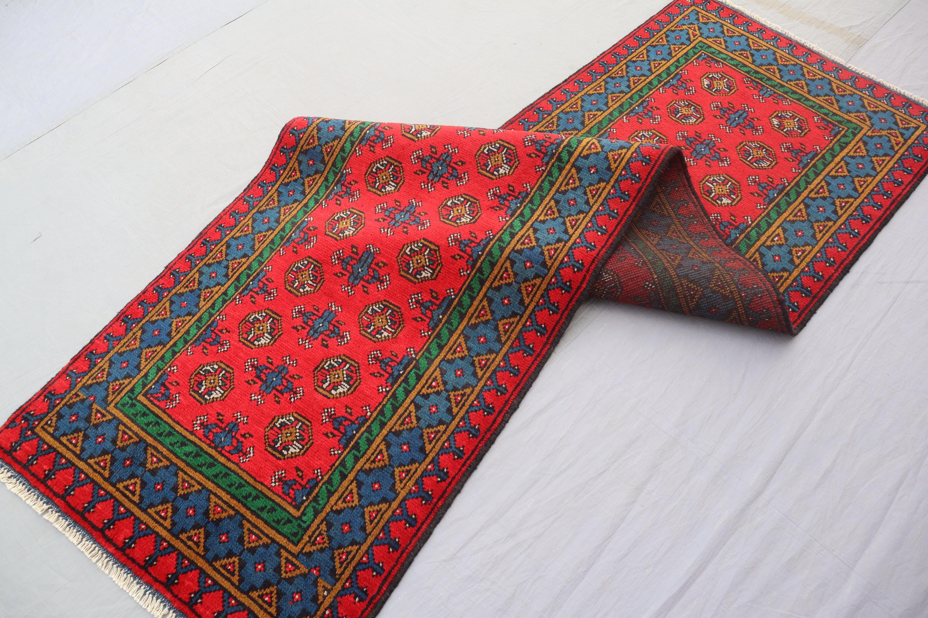 2'8x9'6フィートの赤いアフガンランナーラグ - ハンドノットウールラグ