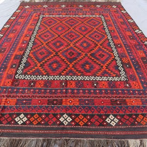 8&#39;5x10&#39;9 ft Afghan Kilim Rug/ Vintage Geometric Area Rug/ Turkmen Flatweave Kilim Rug/ Hand Woven Wool Red Rug/ Bedroom Rug/ Living Room Rug