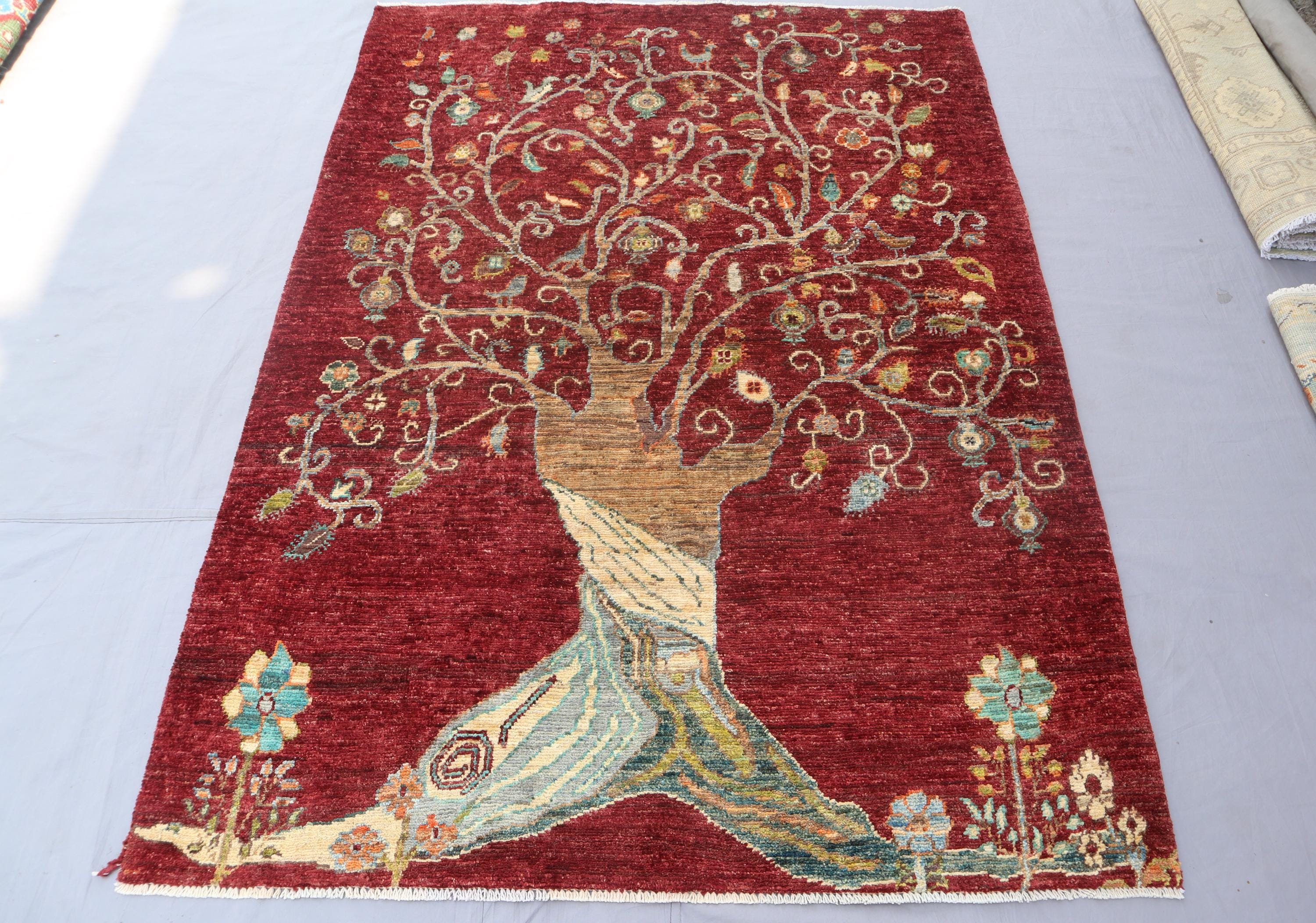 4x6 Red Pictorial Area Rug, Afghan Handmade Wool Area Rug, Unique