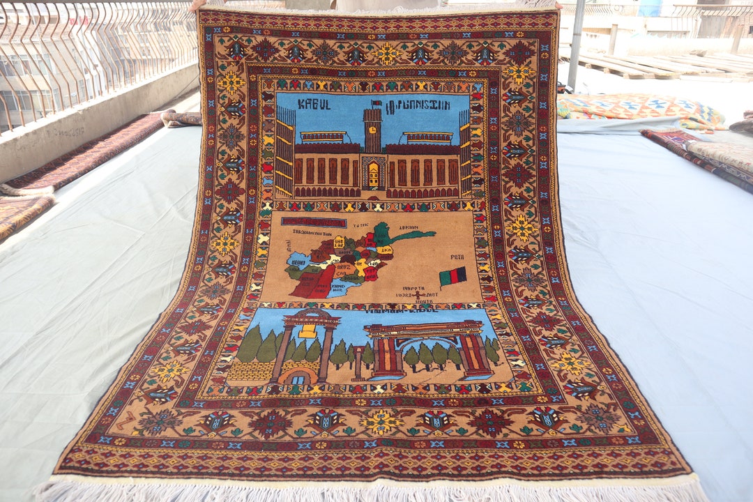 4'4x6 Ft Afghan Map Design Rug Pictorial Landscape Area Rug- Turkmen ...