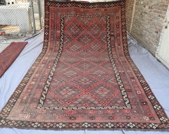 Tappeto antico sbiadito 8x14, tappeto Kilim afghano, tappeto vintage in lana fatto a mano, tappeto turkmeno a tessitura piatta, tappeto orientale in terracotta effetto invecchiato per camera da letto.