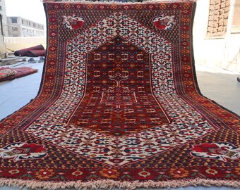 4'6x6'5 ft Geometric Rug Caucasian Medallion Handmade Rug, Turkmen Hand Knotted High Pile Wool rug, Antique Pattern Oriental Afghan Area Rug