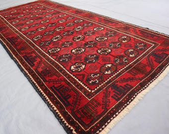 4&#39;4x9&#39;4 ft Wide Runner Rug, Turkmen Tekke Wool Handmade Oriental Rug, Afghan Tribal Bukhara Antique Red Rug, Hallway Runner, Kitchen Runner