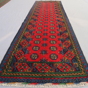 Alfombra de pasillo turcomana de lana afgana de alta calidad, de 2&#39;3x9&#39;3 pies de largo, hecha a mano, impresionante, para pasillo, Bukhara Mowri Gul, de 3x9 pies de largo, para cocina.