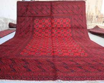 8x11 ft Afghan Bukhara Rug, Vintage Hand Knotted Authentic Wool Area Rug, Turkmen Oriental Red Rug for Living Room, Kids Room Decor Carpet