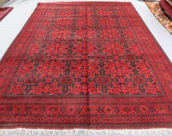 8'3x11'6 ft Afghan Red Rug - Traditional Hand-Knotted Authentic Wool Area Rug - Large Oriental Turkmen Tribal Bokhara Rug - Living Room Rug